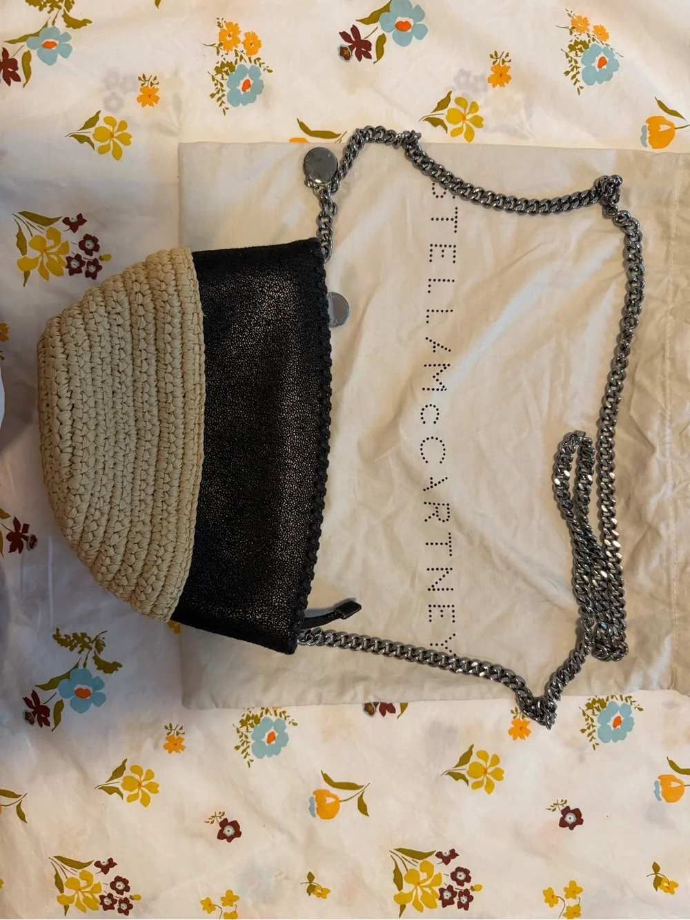 Stella McCartney Black & Natural Raffia Mini Falabella Crossbody Bag